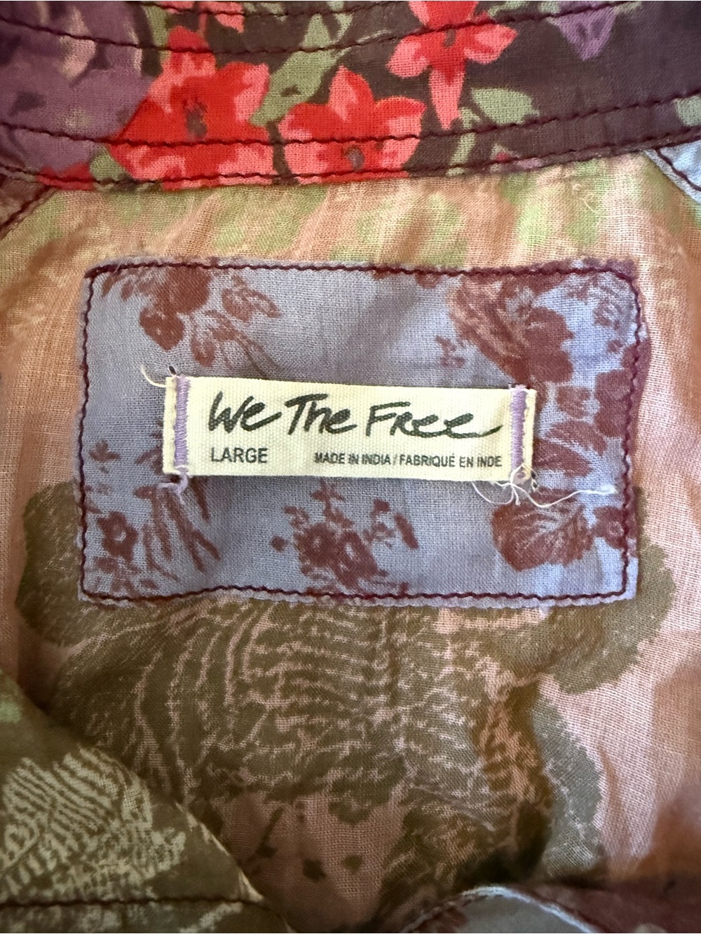 We The Free Free People Large Patchwork Floral Button Down Shirt Brown Green L - Picture 8 of 9